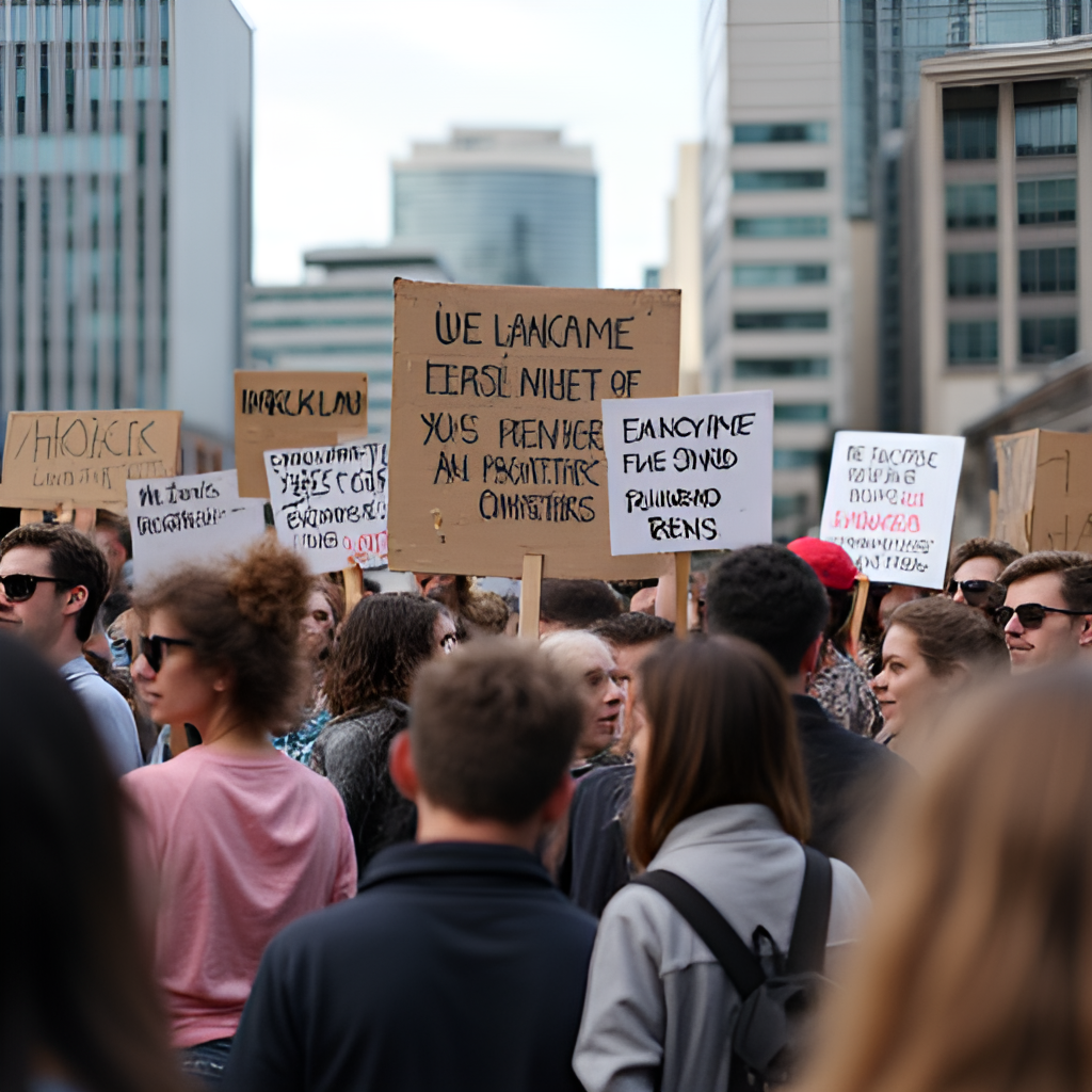 A more close-up image of a diverse group of people engaged in a counter-protest or observing a protest, holding signs with messages of inclusion or opposition, set against an Auckland backdrop.