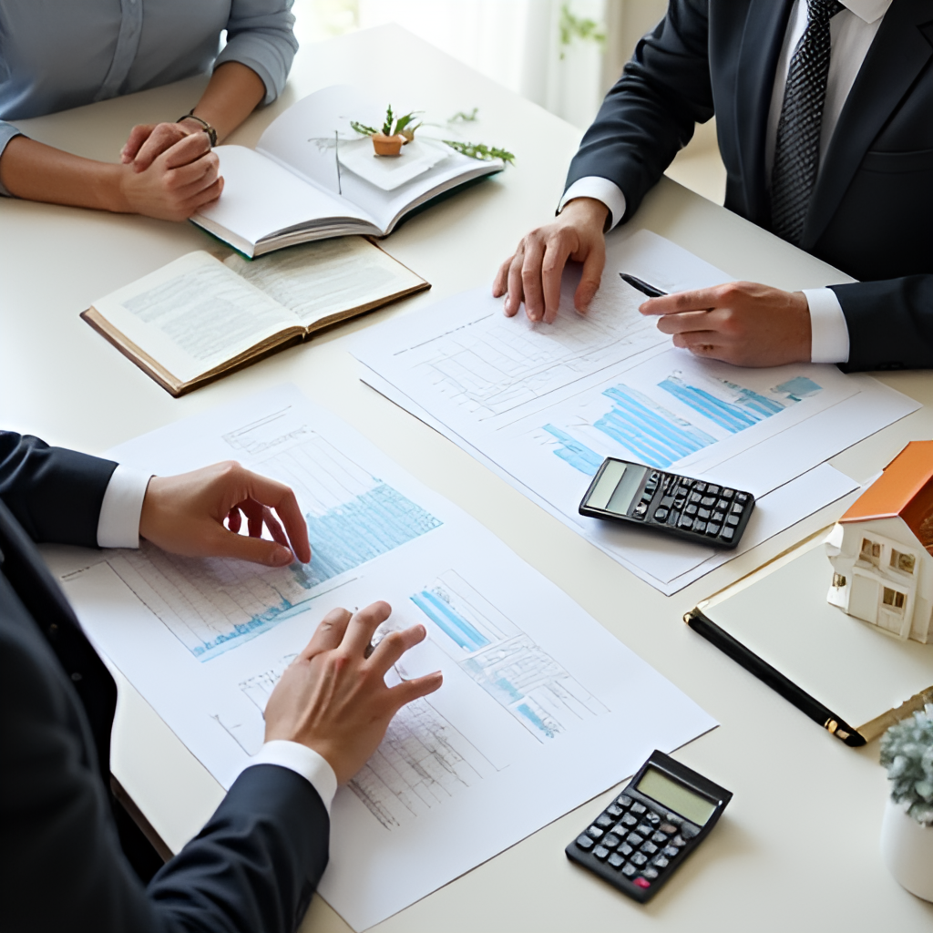 An overhead shot of a financial advisor meeting with a couple, reviewing documents and charts on a table, with symbols of wealth and planning like a calculator, notebook, and perhaps a small model house or car nearby, in a bright, modern office setting, professional style.