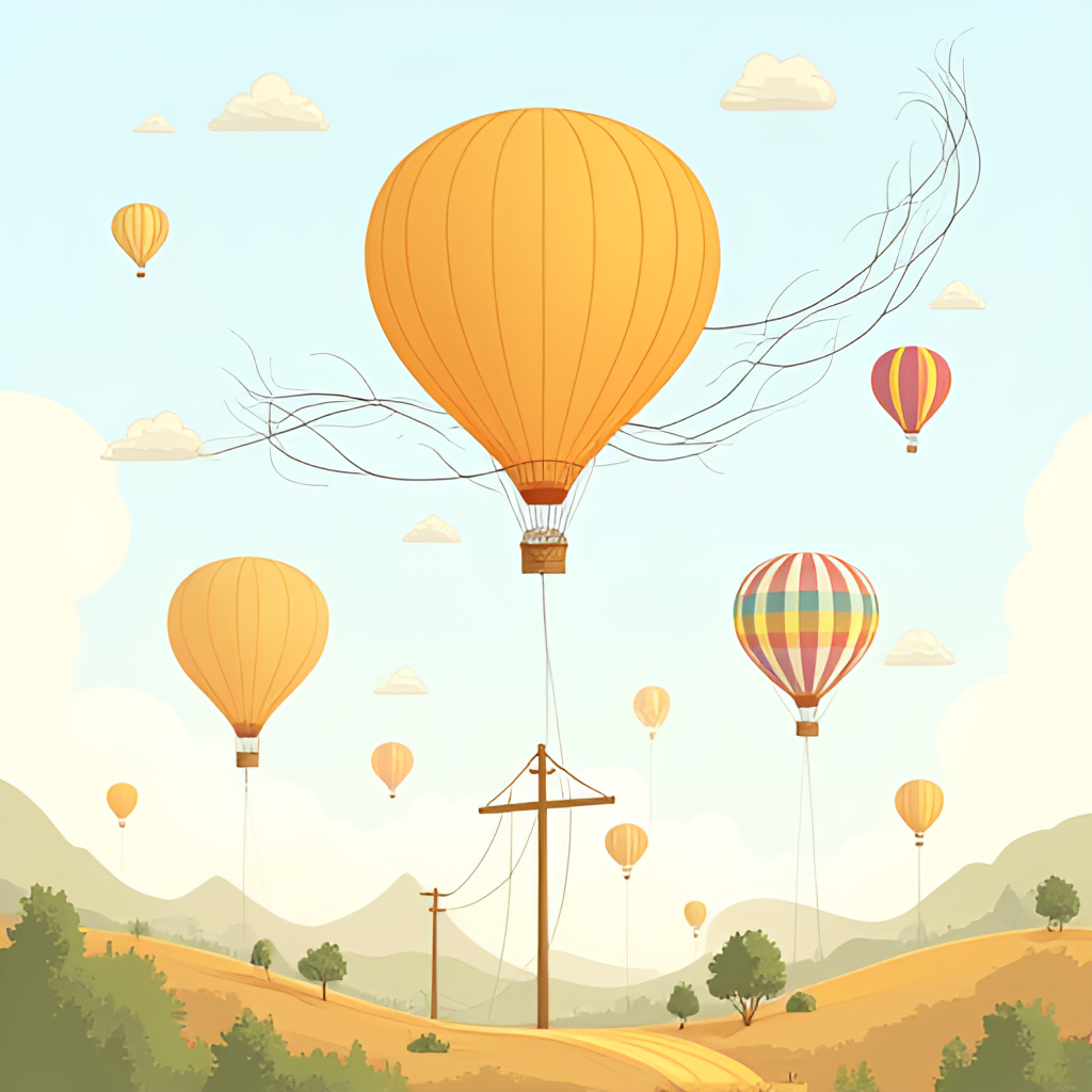 An illustration depicting various potential hazards to hot air balloons, such as power lines, strong wind gusts, and challenging terrain during landing, highlighting safety concerns.