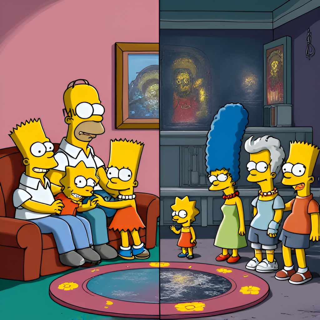 A split image or collage depicting scenes related to The Simpsons' loose continuity and flash-forward episodes. One side shows a classic Simpsons family moment in their living room (current timeline), and the other side shows disparate, futuristic or surreal glimpses from different non-canon episodes or Treehouse of Horror segments, illustrating the lack of a single fixed future or canon.