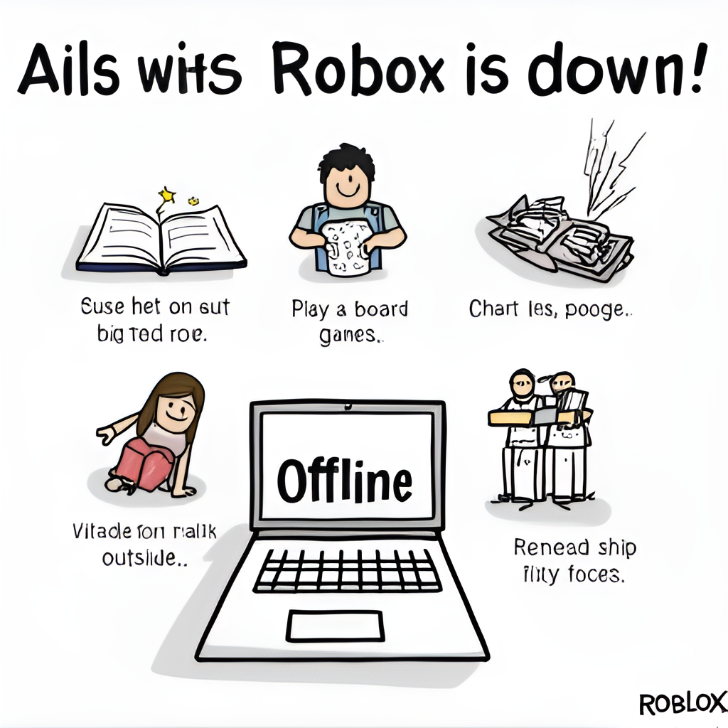 An illustration showing various alternative activities people can do while Roblox is down, such as reading a book, playing a board game, chatting with friends offline, or going for a walk outside, with a laptop displaying an 'offline' message in the background.