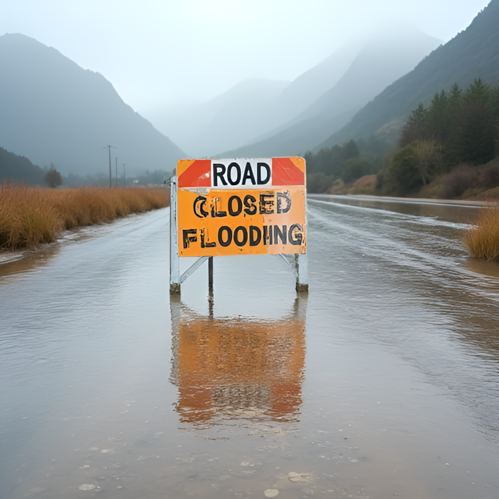 A sign warning 'ROAD CLOSED DUE TO FLOODING' partially submerged in brown floodwater on a South Island road, mountains visible in the misty background