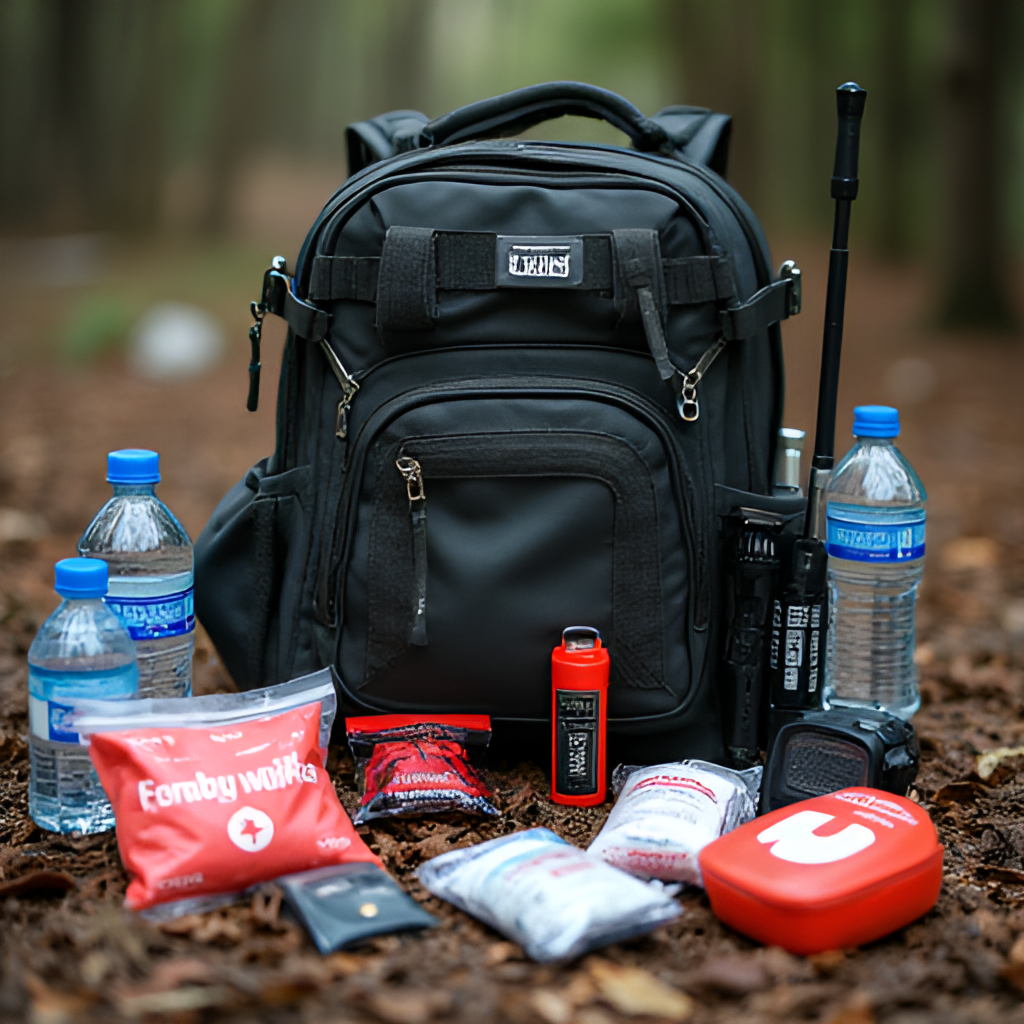 A close-up photo of an emergency kit backpack with essential supplies laid out, like water bottles, a first-aid kit, a torch, and a radio.