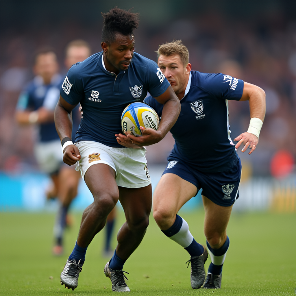 A close-up, action shot of a key player from either Fiji or Scotland making a dynamic play – perhaps a Fijian player executing an offload in traffic or a Scottish player making a crucial tackle or tactical kick, illustrating the key characteristics of their respective playing styles.