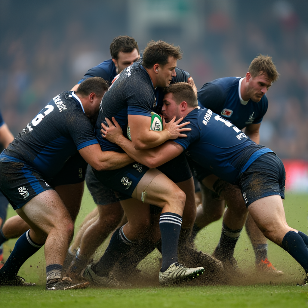 A close-up, dynamic shot of All Blacks and France players in a heated rugby ruck or tackle during a match at Sky Stadium, showing mud and intensity, action photography style