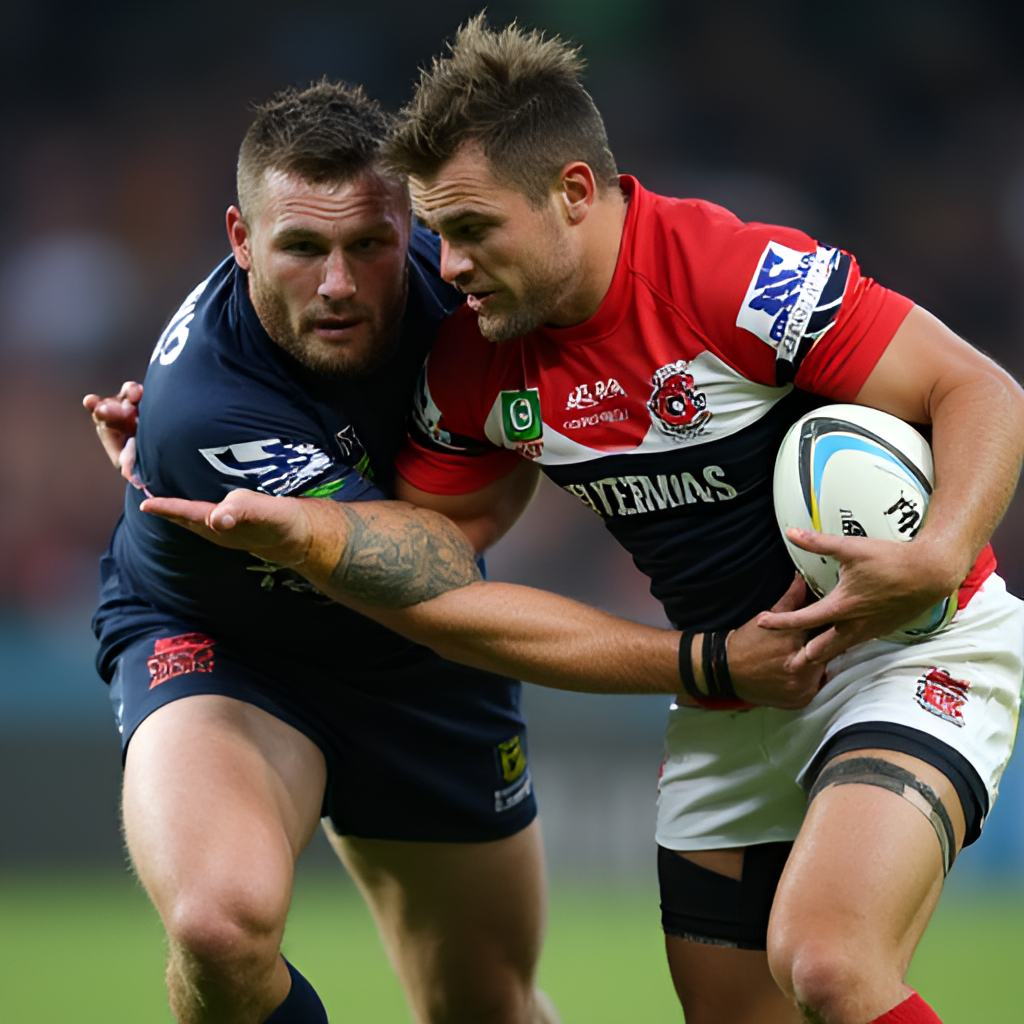 A close-up, dramatic shot of two prominent players from the Storm and Roosters, perhaps a Storm halfback and a Roosters forward, locked in a fierce tackle or contest for the ball, highlighting the physicality and individual battles. Action-packed and gritty.