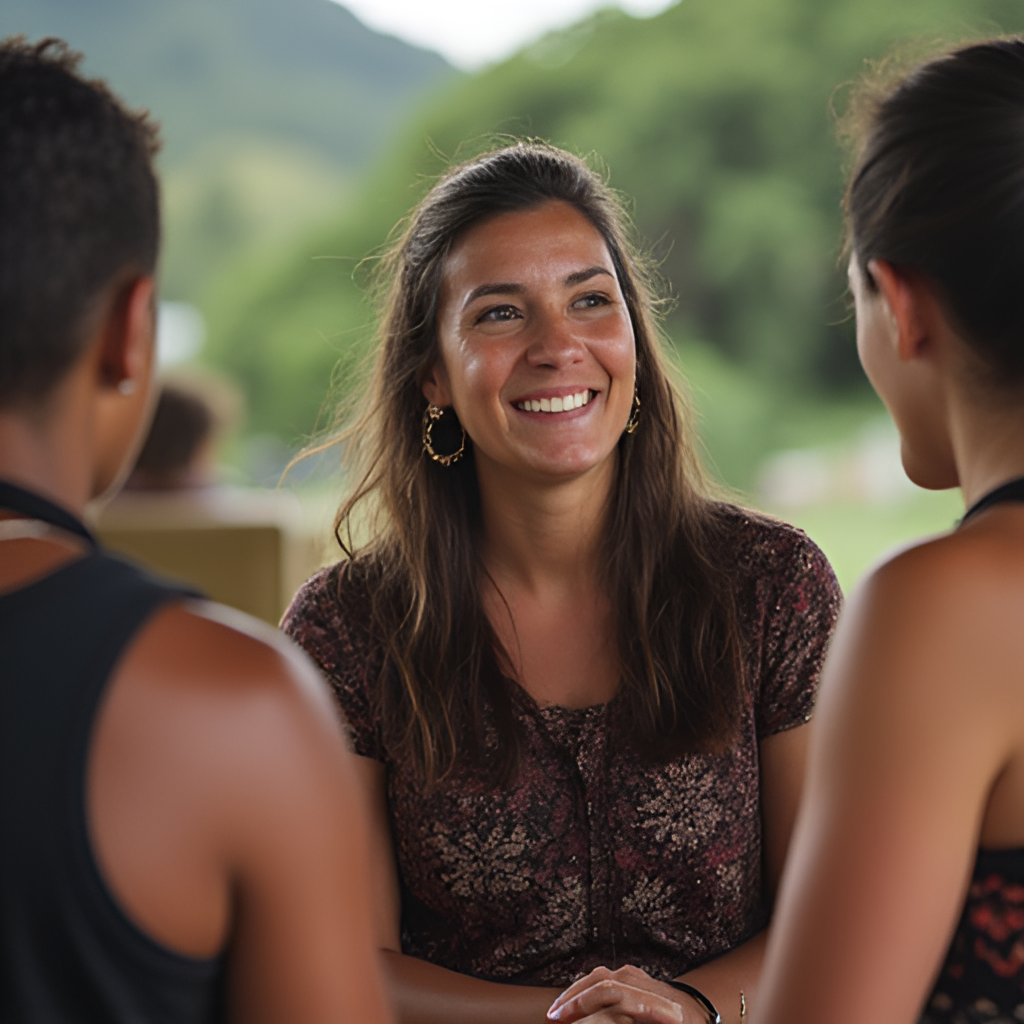Lani Daniels in her community, perhaps interacting with youth during a training session, with a backdrop that subtly suggests Northland, New Zealand – a marae or lush landscape. Show her warmth and connection.